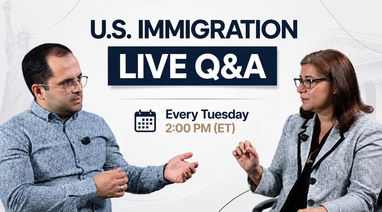Attorneys Arif Gozel and Leyla Moallemzadeh hosting the U.S. Immigration Live Q and A, every Tuesday at 2:00 PM ET